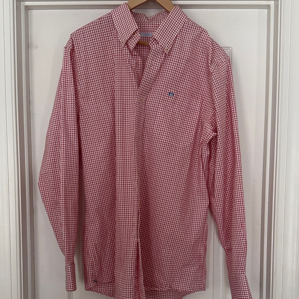 Southern Tide Red and White Plaid Shirt